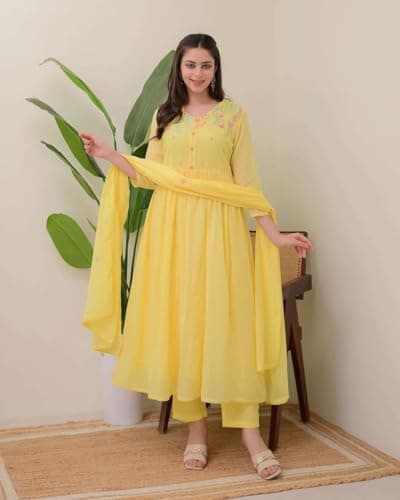 JEENAX_INDIA CREATION'S Women's Cotton Embroidered Anarkali Kurti with Pant and Dupatta Set (Yellow-L) 4