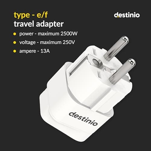 Destinio Universal Europe Travel Adapter Type E/F Schuko Plug Converter 13A 250V, International EU Power Socket for Germany France Spain, Portable European Plug for Mobile Laptop Charger (Pack of 1) 2