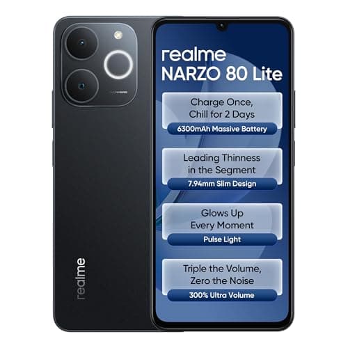 realme NARZO 80 Lite 4G (Obsidian Black 2026, 4GB+64GB) | 6300mAh Segment's Biggest Battery | 7.94mm Slim Design | 300% Ultra Volume | Pulse Light: 9 Colors, 5 Glow Modes | Ai Assist