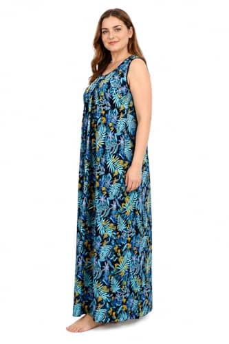 Manvicare Plus Size Sleeveless Nightie for Women, Rayon, Tropical Leaf Print, Maxi Length (8XL) Black 3