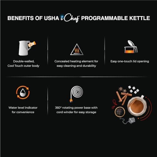 Usha ICHEF Programmable Kettle 2000 Watt| 1.5L | Digital LED Display & Touch control | Double wall for protection from hot exterior| 4 Pre-set modes| Safety with auto cut off | 2 Years Warranty(Black) 5