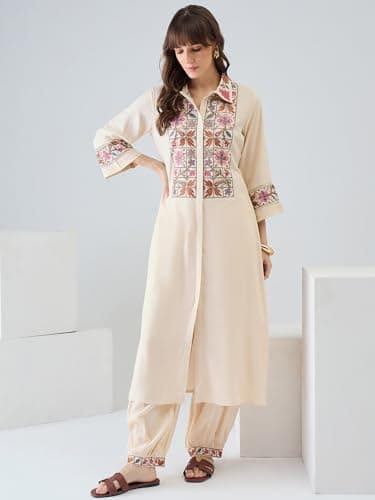 INDO ERA Women's Viscose Rayon Ethnic Motifs Embroidered A-Line Calf Length Kurta & Salwar Set (Beige_IESTR11220_Large) 5