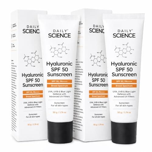 Daily Science Hyaluronic SPF 50 Sunscreen with Advanced UV Filters | Broad Spectrum Sun, UVA, UVB, Blue Light Protection, SPF 50 & PA++++, 50 g (Pack of 2)