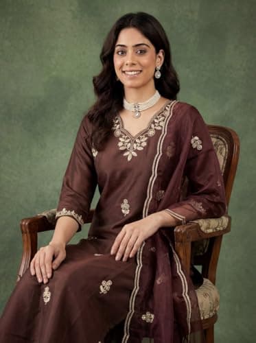 Women's Beautiful Heavy Cotton Blend mbroidered Salwar Suit For Women Readymade Salwar Suit Set Semi-Stitched Top and Duppata For Any Occasion (IN, Alpha, XL, Regular, Womens, Coffee) 5