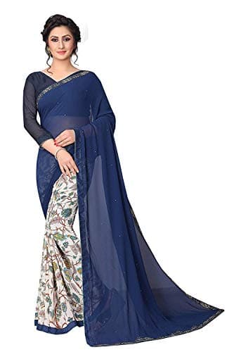RAJESHWAR FASHION WITH RF Women's Half &Half Georgette Printed Saree With Lace & Blouse(A29 BLUE_Free Size)