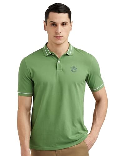 Peter England Men's Regular Fit Branded Insignia Half Sleeve Polo T-Shirt | Cotton Rich | Premium Pique Weave Forest Green