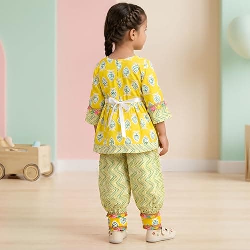 DAWINAR Girls Yellow Printed Peplum Kurta & Patiyala Set | Ethnic Co-Ord Outfit for Kids 3