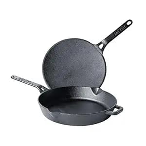 Meyer Pre-Seasoned Cast Iron 2 Piece Cookware Set - 26cm Roti Tawa + 20cm Fry pan | Iron Utensils for Cooking | Cookware Set Combo Offer | Cast Iron Cookware for Kitchen, Black