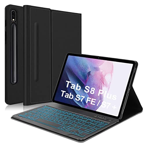 YEHOBU Samsung Galaxy Tab S8+/S7 FE 2021/S7 Plus 2020 Case, Detachable Bluetooth Backlit 12.4" Keyboard Protective Cover with S Pen Holder, Black(Tab Not Included)