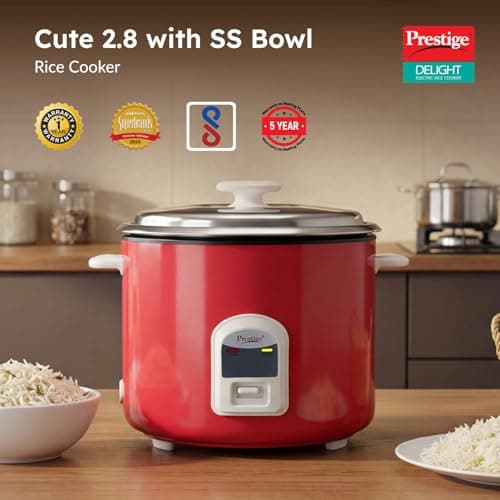 Prestige Delight Cute 2.8 SS Bowl Electric Rice Cooker(2.8L for Rice-Open Type, Silky Red, with Stainless Steel Cooking Pan 7.1L Volume,1000 W) 2