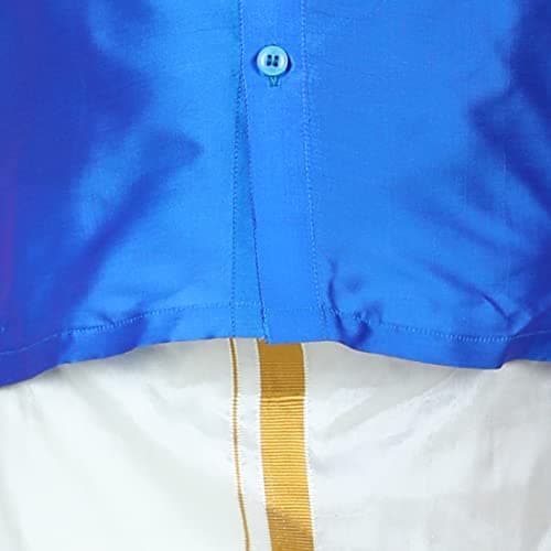 BownBee Boys Silk Shirt & Mundu Dhoti South Indian Traditional Ethnic Dress for Kids with Half Sleeves, Button Closure Shirts for Baby Boy, Ideal for Any Festival Occasions & Wedding (Blue, 4-5 Yrs) 4