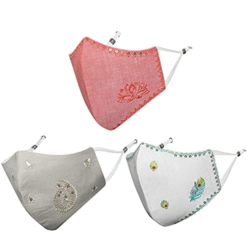 MASQ Lotus 4 Layer, Reusable, with Ear Adjusters, Anti-Bacterial BFE>99% Embroidered Linen Cloth Face Mask Combo for Women (Large, White-Red-Beige, Pack of 3)., Linen, Without Valve
