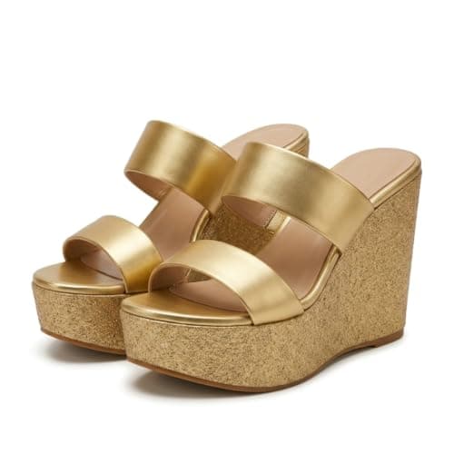 Uunda Fashion Women Gold Glitter Wedge Heel Sandals Double Strap Open Toe Slip On Platform Party Use Fashion Heels for Wedding Evening Casual Use WD-5176-V3_41