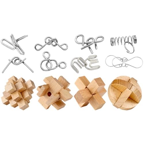 PATPAT 12 Pcs Brain Teaser Toys Puzzle for Adults & Kids Logic Training Stress Relief Wooden Puzzles for Kids Fidget Toy Mini Pocket Toy Metal Puzzles for Adults Mind Development Puzzle Games
