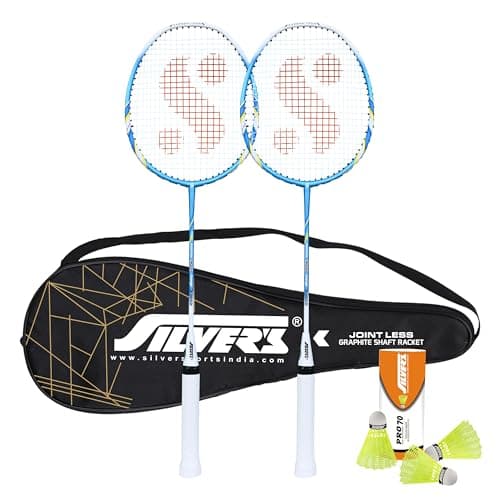 Silver's Graphite Shaft Jointless Phantom Badminton Kit (2 Racquets with Full Cover, 1 Box Nylon Shuttlecock Pack of 3) (Blue/White)