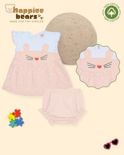 Happiee Bears Baby Girl Cotton Top & Bloomer Set – Summer Outfit for 18–24 Months | Infant & Toddler Girl Dress Combo | Soft Pure Cotton Clothes | Made in India (SG112) 2