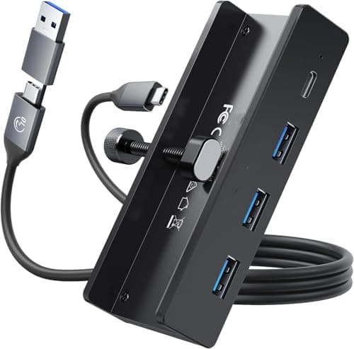 WISTAR USB Hub 3.0, Clamp USB Hub with Extra Power Supply Port, Aluminum 4-Port USB Adapter with 3 USB-A Data Ports, USB-C Port for Monitors, Desks