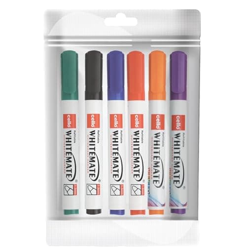 Cello Whitemate Whiteboard BoldMarkers | Set of 6 | Assorted Ink Colours | Whiteboard Marker with Easily Erasable Ink | Refillable Whiteboard Markers Markers