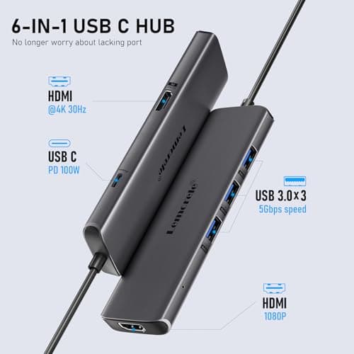 Lemorele USB-C Hub 6-in-1 Dual HDMI Docking Station — Supports Multi-Monitor Display (A+B+C) on Mac OS and Windows, Featuring 4K HDMI Ports, 3 USB 3.0 Ports, and a 100W Charging Port 2
