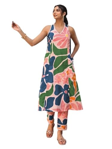 Amazon Brand - Anarva Women's Pure Cotton Sleeveless Hand Block Printed Relaxed Fit Kurta with Pant (tl-Prisha-Multicolor-Large)