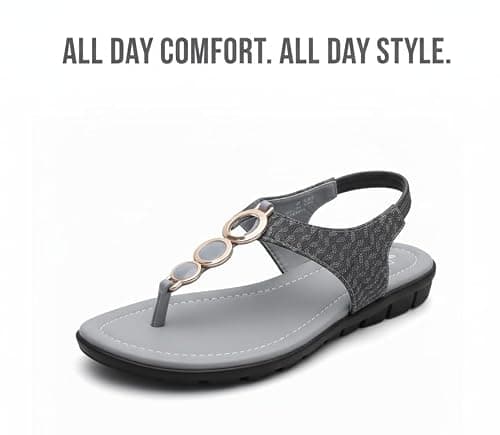 S PLUS S Fashion Women’s Grey Ethnic Flat Sandals | Stylish Toe-Ring Slip-On Flats with Golden Ring Ornament | Comfortable Casual, Party & Festive Footwear (Grey, UK Footwear Size System, Adult, Women 4