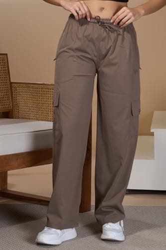 CUPID Women Smart Slim Fit Cargo Pants with High Waist, Zipper Pockets, Easy Wash Straight Fit Casual Wear_Mocha_L 4