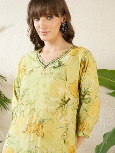 INDO ERA Women's Cotton Blend Floral Embroidered Straight Kurta & Pant Set | Co Ord Set For Women Stylish 2