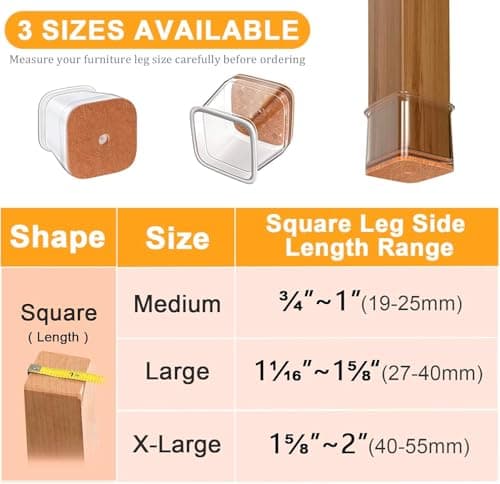 JICOOT 4 Pcs Chair Leg Floor Protectors for Wooden & Tile Floors | Square Silicone Furniture Leg Caps with Felt Pads | Anti-Scratch, Noise-Reducing Chair & Stool Leg Covers | Clear, Large 3