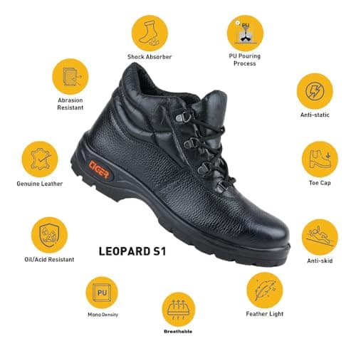 Tiger Leopard Black Leather Barton Print ISI Marked Safety Shoe for Men Industrial with Steel Toe Cap High Ankle Single Density Direct Injected PU Sole (Black, S1) (Numeric_10) 2
