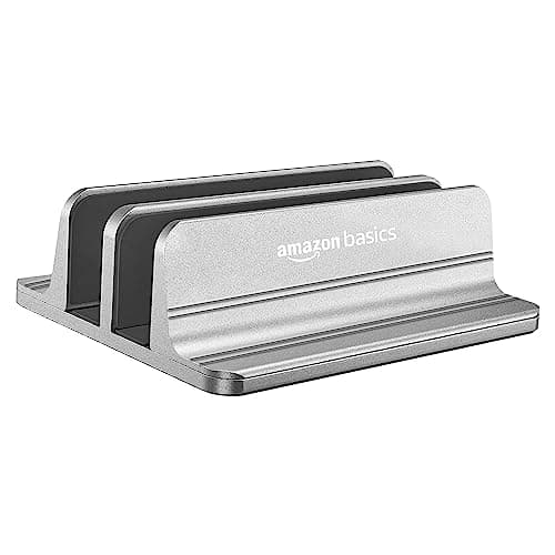 Amazon Basics Vertical Laptop Stand with Adjustable Dock and Dual Slots, Compatible with All Laptops Up to 20.3" (Aluminium, Grey)