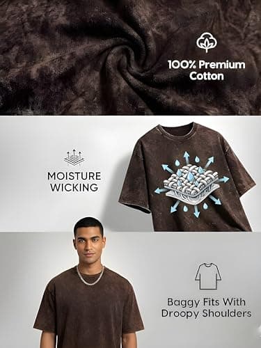 Amazon Brand - Anarva Men’s Oversized Acid Wash T-Shirt | Premium Cotton Relaxed Fit | Drop Shoulder Half Sleeve Casual Streetwear Tee for Men (in, Alpha, 2XL, Regular, Black PRT 5) 5