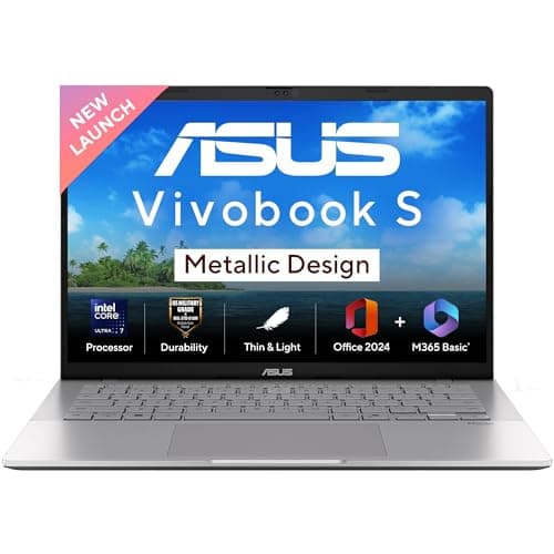 ASUS Vivobook S14, Intel Core Ultra 7 255H, 16GB RAM, 512GB SSD, FHD+ 14", Windows 11,Office Home 2024 M365 Basic (1Year)*, Cool Silver, 1.4Kg, S3407CA-LY084WS, Intel Arc iGPU, Metallic Design Laptop