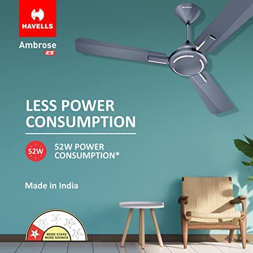 Havells 1200mm Ambrose Energy Saving High Speed Ceiling Fan|Premium Finish, Deco.Fan, Elegant Looks, High Air Delivery, 100% Pure Copper Motor|2 Yr Warranty by Brand | (Pack of 1, Nickel Saphire) 2