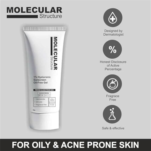 Molecular Structure 1% Hyaluronic Sunscreen Oil-Free Gel, SPF 50 PA++++, with Niacinamide & Zinc PCA, Fragrance-Free, 50g 3