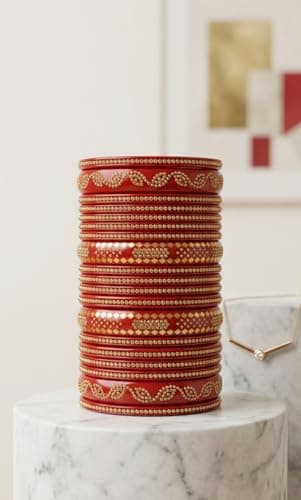 VA GLOBAL Traditional Red Bridal Lac Bangles Set for Women Designer Stone Work Chudi Kada Set Ethnic Wedding Festive Jewelry Glass Look Bangles (One Size, 2.8, Centimeters) 2
