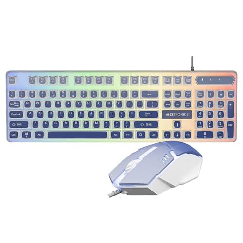 Zebronics Wired Keyboard & Mouse Combo, 104-Key, 1200 DPI, ₹ Key & Multimedia Controls, Ergonomic Mouse, 1.3m Cable, Multicolor LED (War 2, White + Blue)