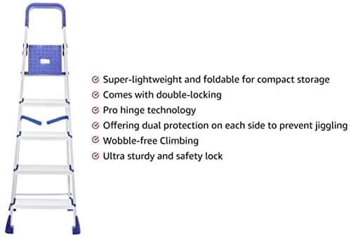 amazon basics Clamber Pro - Foldable Step Ladder, Firm Grip, 5 Steps (Aluminium Steps, Blue & Satin) 2