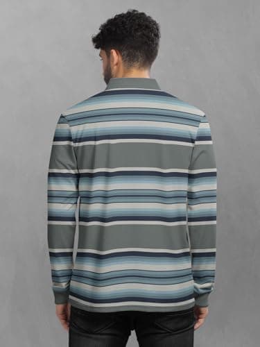 BULLMER Striped Textured Printed Polo Neck Fullsleeve T-Shirt with Rib for Men_Sky Blue_Large 3