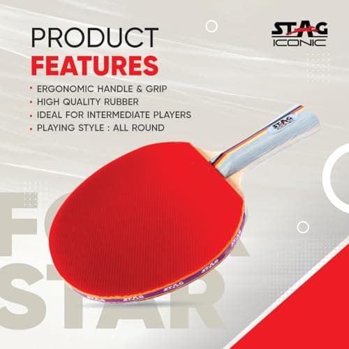 STAG ICONIC 4 Star Table Tennis Racquet for Beginners & Intermediate Players | High Speed & Control with Inverted Smooth Rubber | Flared Handle Shakehand (Red/Black) 3