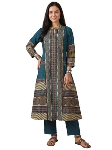 INDO ERA Women's Red Cotton Blend Solid Solid Straight Fusion Kurta & Pant with Dupatta Set