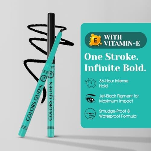 Colors Queen Bold Eyes Auto Kohl Kajal – Black, 0.35g | 36 Hours Long Lasting with Smooth One Swipe Application | Transfer-Proof | 2X Blacker | Smudge Proof & Waterproof Kajal for Women Enriched with  2