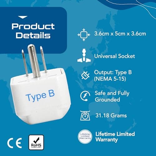 Ceptics India us Converter Plug, India to USA, Canada & More - Type B Universal Travel Adapter Plug - CE Certified - RoHS Compliant - White - 2 Pack - 5 Years Warranty 4