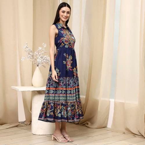 Biba Women Indigo Cotton Floral Tiered Dress_40 4