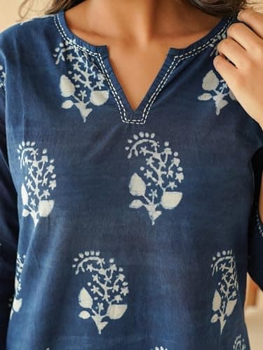 GOODHAND Cotton Short Kantha Kurti Elegant Hand Block Print for Comfortable Daily & Office Wear, Stylish and Versatile for Women Indigo 5