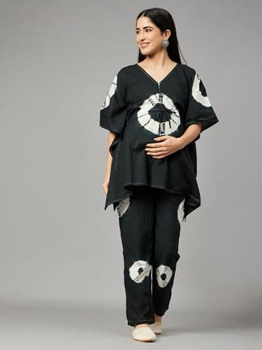 Aaheli Black Tie-Dye Maternity Kaftan Feeding Night Suit & Loungewear Set for Women | Front Open Nursing Top & Pants | Soft Cotton, Comfortable Fit 4