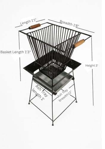 Outdoor Metal Fire Pit Basket, Square, Black, Powder Coated, Wood/Charcoal Fuel, Modern Industrial, with Wooden Handles, for Patio, Garden, Camping (33.4LX54.8BX91.4H) Cm 4