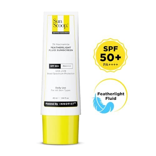 SunScoop 3% Niacinamide Fluid Sunscreen SPF 50+ PA++++ Broad Spectrum | In-Vivo Tested | Lightweight & Non greasy | Prevents Tanning | No White Cast | Non-Comedogenic | For All Skin Types (45ml) 2
