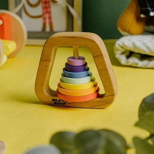 Nesta Toys Wooden Rainbow Rattle | Baby Rattle & Teether | Vibrant Rainbow Shape | Beechwood Non-Toxic BPA-Free | Sensory & Motor Skills | Newborn Gift Age 0+ 2