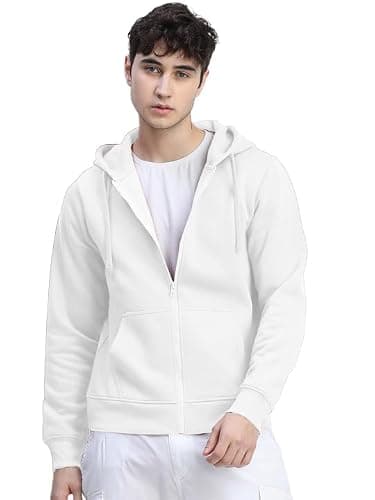LAZYCHUNKS® Men's Hooded Sweatshirt with Zipper | Cotton Blend Full Sleeve Hoodie Jacket | Regular Fit Winter Sweatshirt with Kangaroo Pocket | Casual Hooded Jacket for Men White