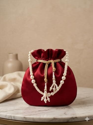 Desi India Potli Bag, Pearl Embellished Floral Drawstring Pouch, Ethnic Style, Round, Women 3